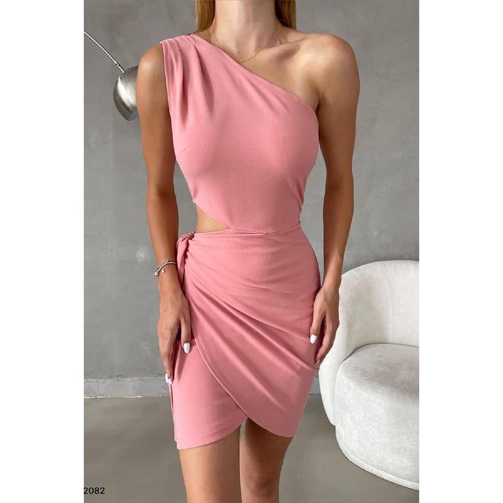 Red Asymmetrical Cut Crepe Dress With Tied Skirt