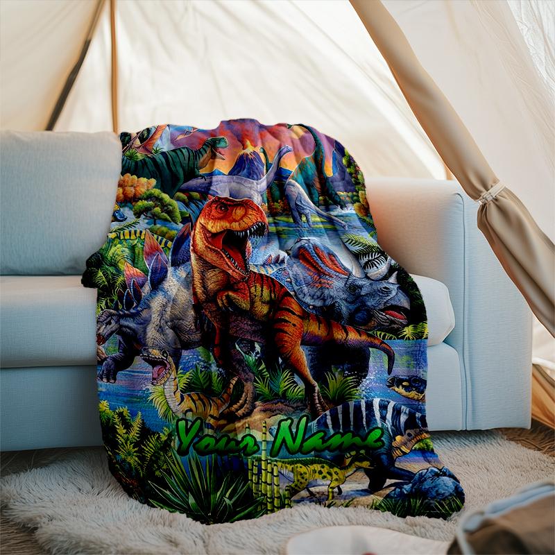 1PC Custom Name Dinosaur Adventure Prehistoric World outdooor Flannel blankets Patterns Throw Blanket All-Season Soft Gift for Couch, Bed, Camping gif