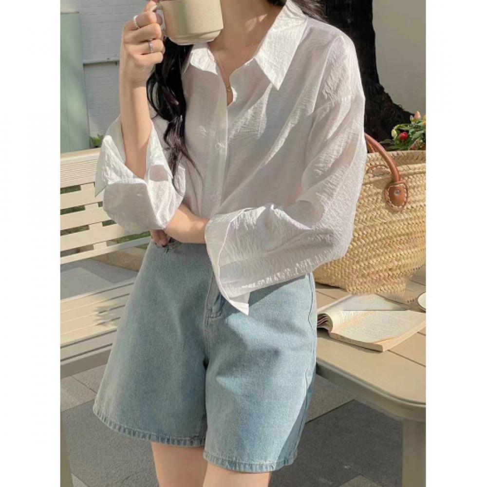 Shop Women Collar Neck Natural Loose Fit Long Sleeve Blouse Ivory Cha Wbl 2036