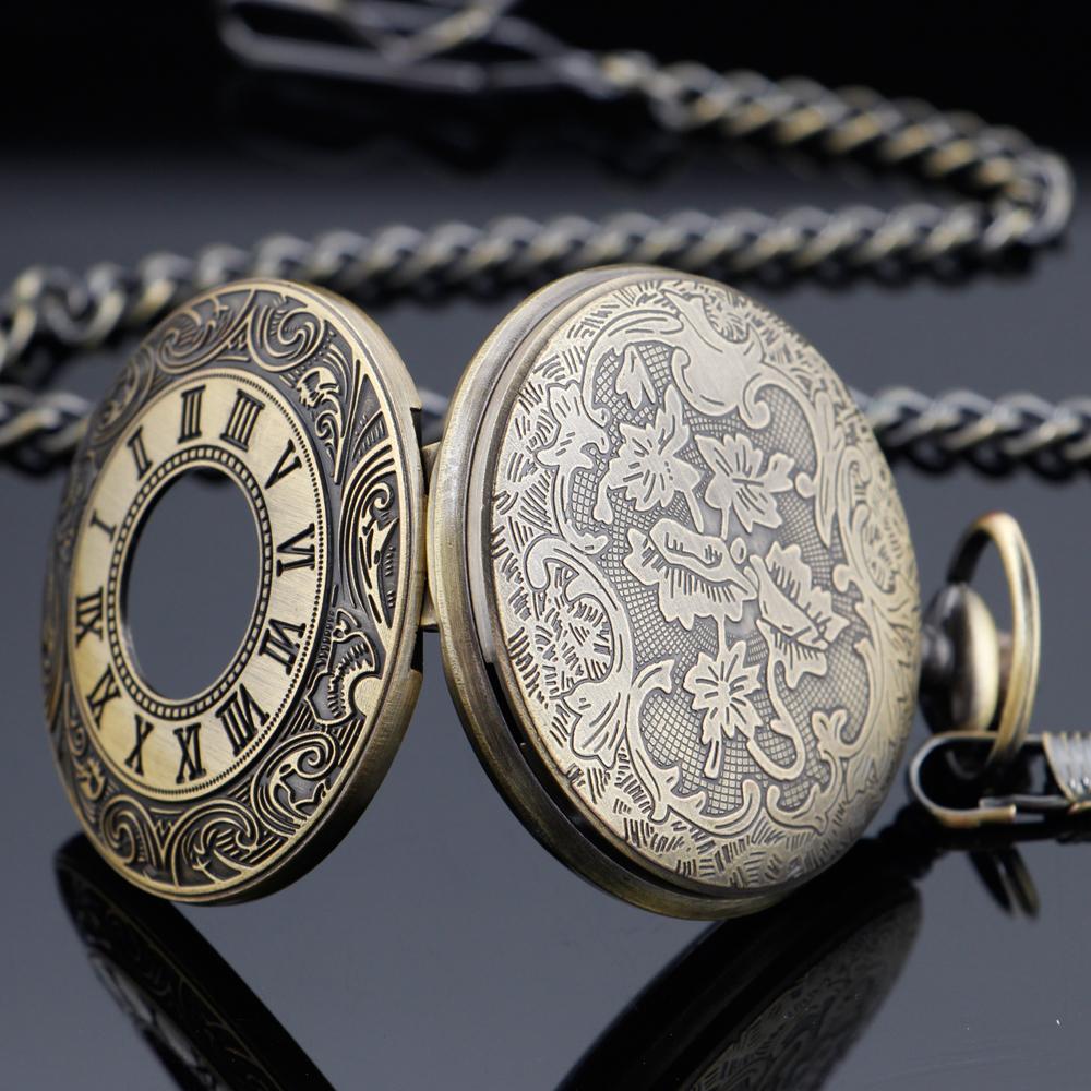 Pocket Watch Hollow Blue Starry Design Roman Numerals Vintage Quartz Pocket Watch with Chain Men's Pocket Watch