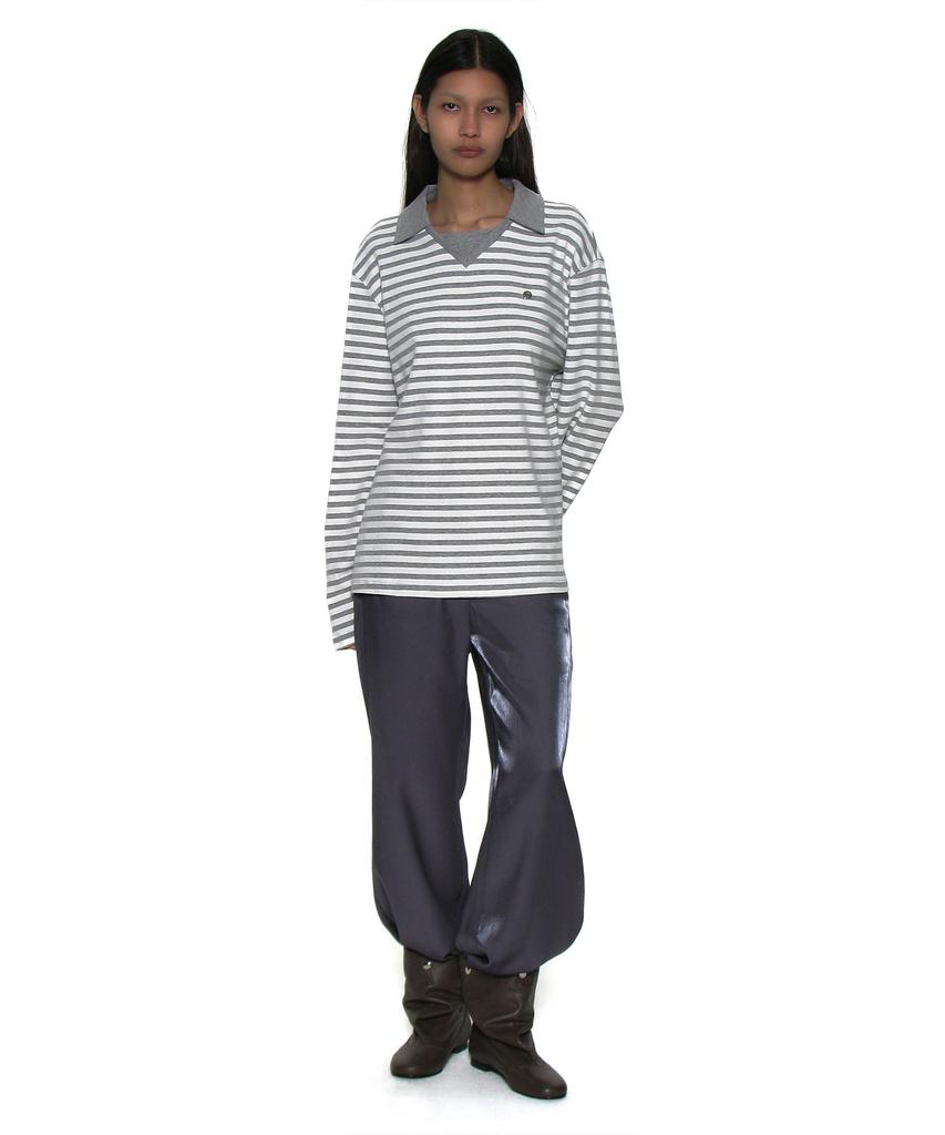 PARTIMENTO WOMEN Double Collar Stripe Long Sleeve Tee_Melange