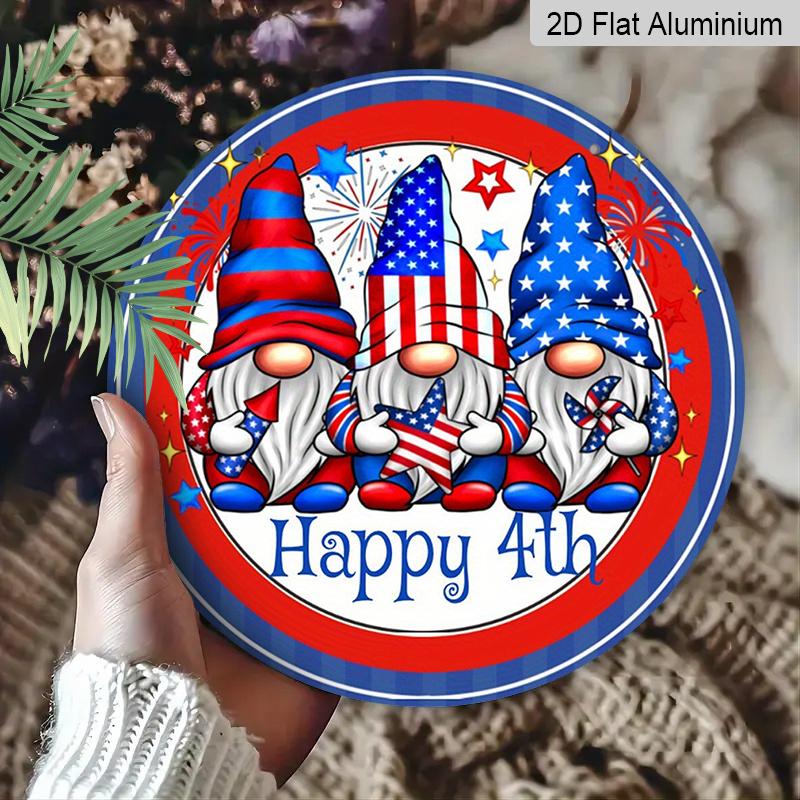 2D Flat, 1pc Round Aluminum "Happy 4th" Patriotic Gnome Sign, 4th of July American Flag Gnomes Metal Plaque, Cute Firework Design, Perfect for