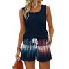 Women’s Summer Casual Two Piece Set Sleeveless Square Neck Tank Top and Printed Drawstring Shorts with Pockets for Outdoor and Sports