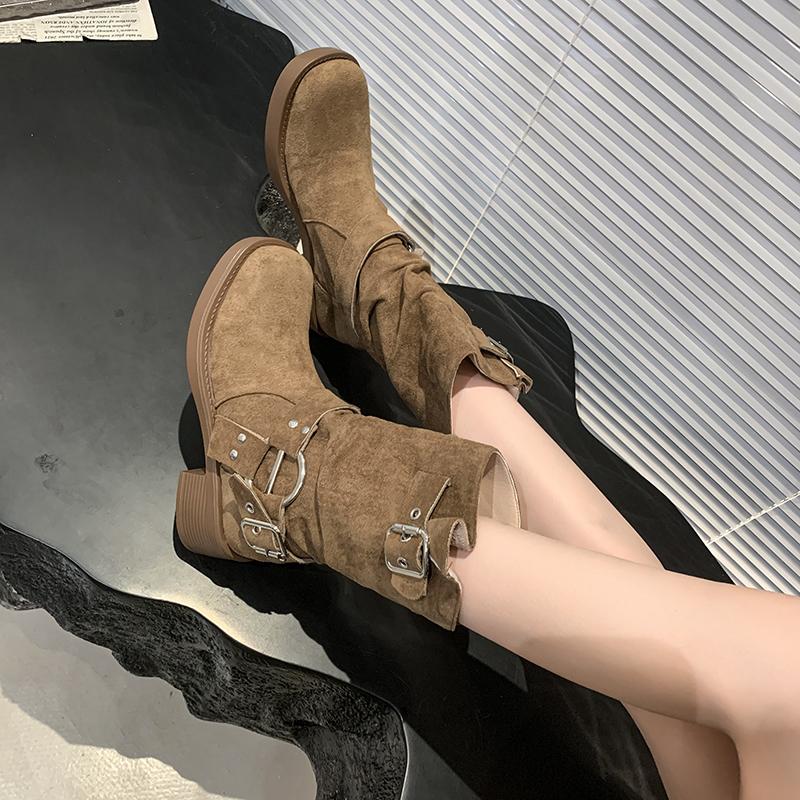 Fashion Vintage Thick Heel Women Western Cowboy Boots Autumn Winter Ladies Shoes Belt Buckle Elegant Mid Calf Booties