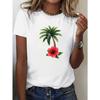 European Size Women's Hawaiian Aloha T-Shirt Short Sleeve Round Neck Blouse with Hibiscus & Palm Tree Print -Casual Summer Beachwear Top,Casual Attire