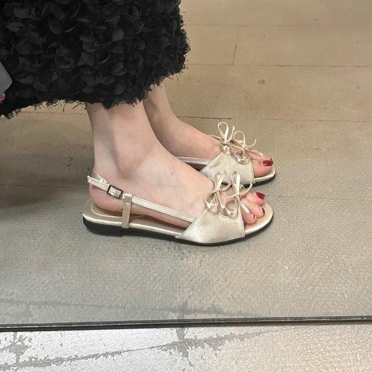 2025 summer new satin bow open-toed flat-soled soft-soled sandals round head outer wear flat-heeled cool slippers