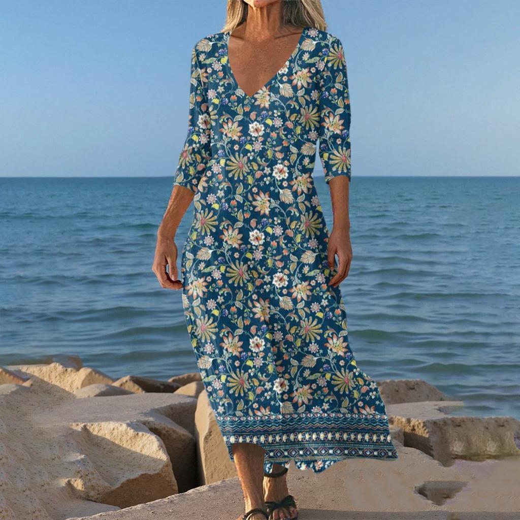 Abiti Da Donna Tunichetta Stampa Vintage Con Cintura Abito Midi Estivo Casual Manica 3/4
