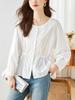 Women's Long Sleeve Embroidered White Lace Top - Spring Pure Cotton Round Neck Design