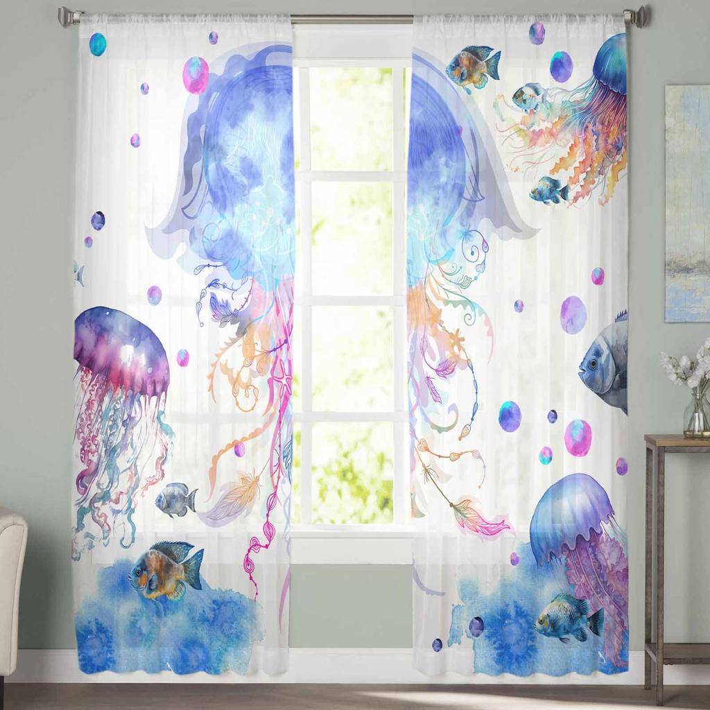 Qualle Aquarell Unterwasser Marine Sommer Tüll Fenster Vorhänge für Schlafzimmer Luxus Heim Vorhänge im Wohnzimmer Chiffon Paneele