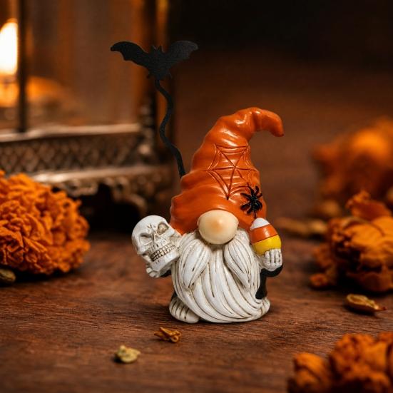 Halloween Gnome Figurine, Small Resin Dwarf Table Decoration, Spooky Pumpkin Bat Skull Gnome Statue for Tiered Tray, Tabletop, Home Decor
