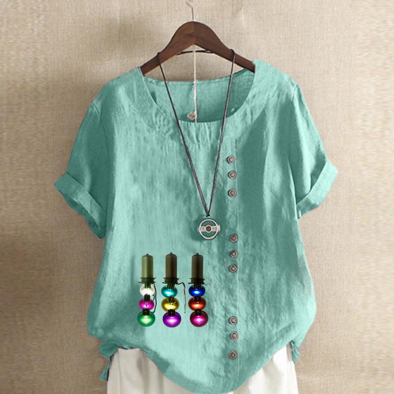 Women's Fashion Round Neck Short Sleeve T-shirt Casual Cotton Linen Graphic Shirt Leisure Loose Electric Light String Prined Summer Blouse Tops