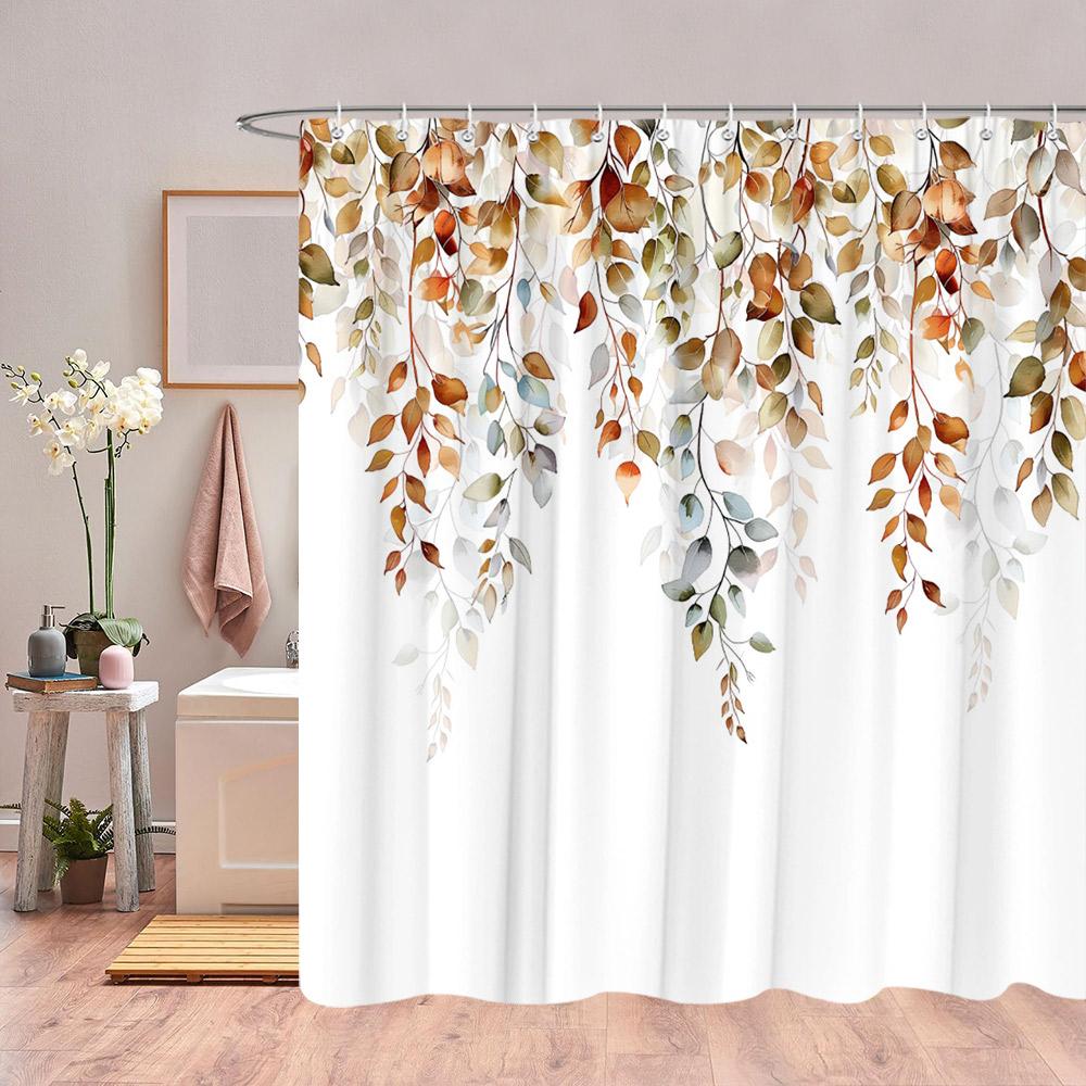 Autumn Eucalyptus Leaves Watercolour Shower Curtain Sagging Yellow Leaves Thanksgiving Gift Fabric Shower Curtain Bathroom Decor