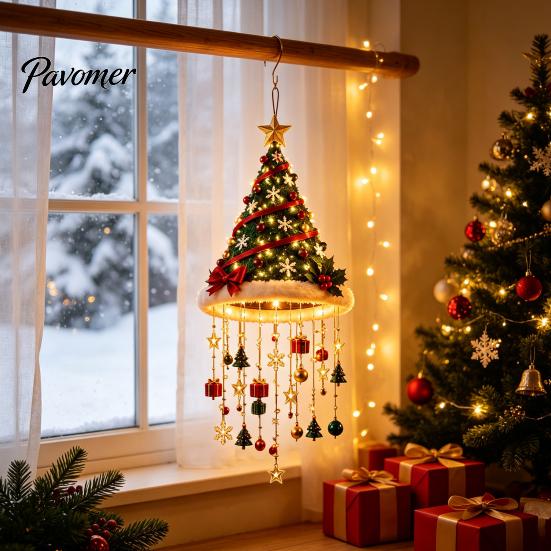 Winter Seasonal Landscaping Lighted Christmas Ceiling Hanging Decor, Pre-Lit Tree Bell Pendant with Plush Fabric Holiday Decor Warm LED, Porch Doorway