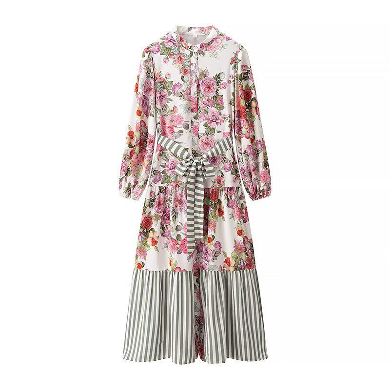 

Весна 2025 Женское платье в европейском и американском стиле с ретро-принтом в полоску и рукавами-буфами XS