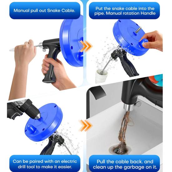 Pipe Unclogger Drain Auger Set with Drill Adapter Flexible Steel Drain Auger Shower Tub Floor Drains Gloves Cloth Bag Clog Remover