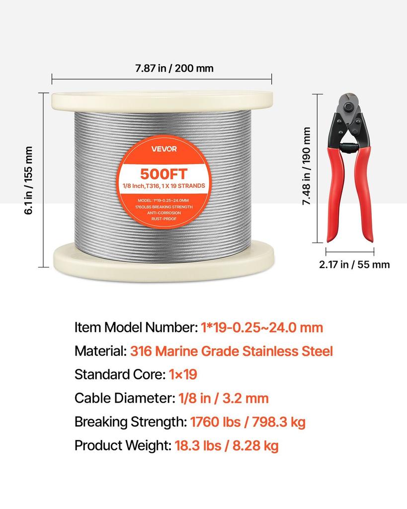 3.2 mm Wire Rope, 152 m Length, 316 Stainless Steel Wire Cable with Cutter, 798 kg Breaking Strength, 1 x 19 Strands Construction, Steel Cable for
