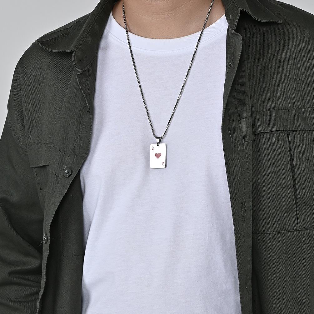 Collier Pendentif en Acier Inoxydable As de Pique & As de Cœur - Chaîne de Pull Style Hip-Hop