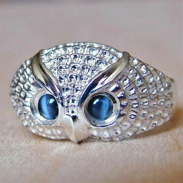 Cute Owl Women Finger Ring Blue Imitation Opal Eyes Simple Animal Jewelry Personality Party Accessories Silver Color New