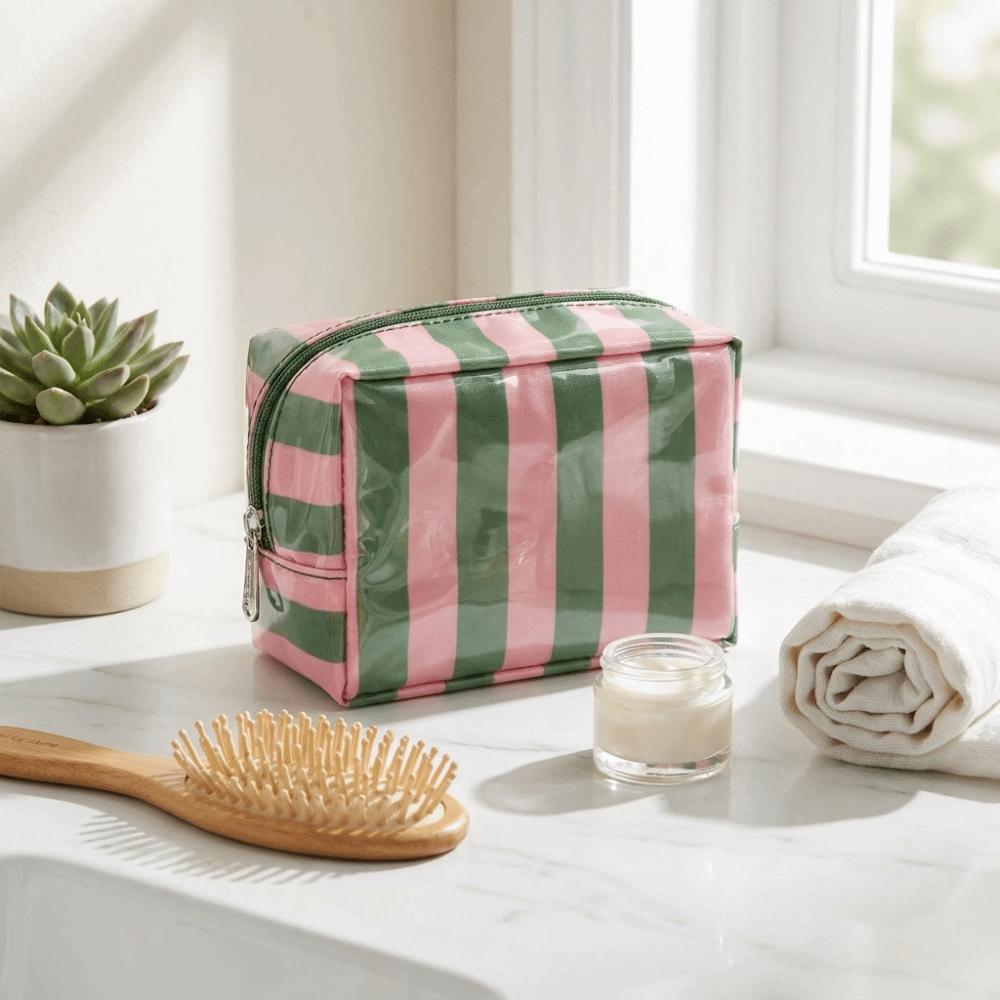 Portable PVC Striped Makeup Bag Mini Cosmetic Pouch Cute Toiletry Bag Daily Use