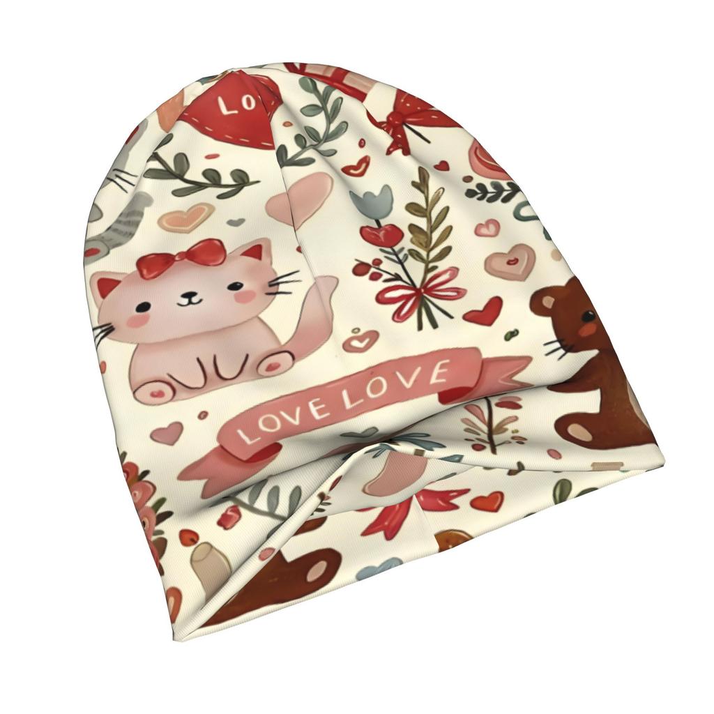 2D Flat Printing Valentine Day Cute Cats Adult Knit Beanie with Style Fits Effortlessly Into Seasonal Wardrobes and Pairs Well with Jackets or Casual