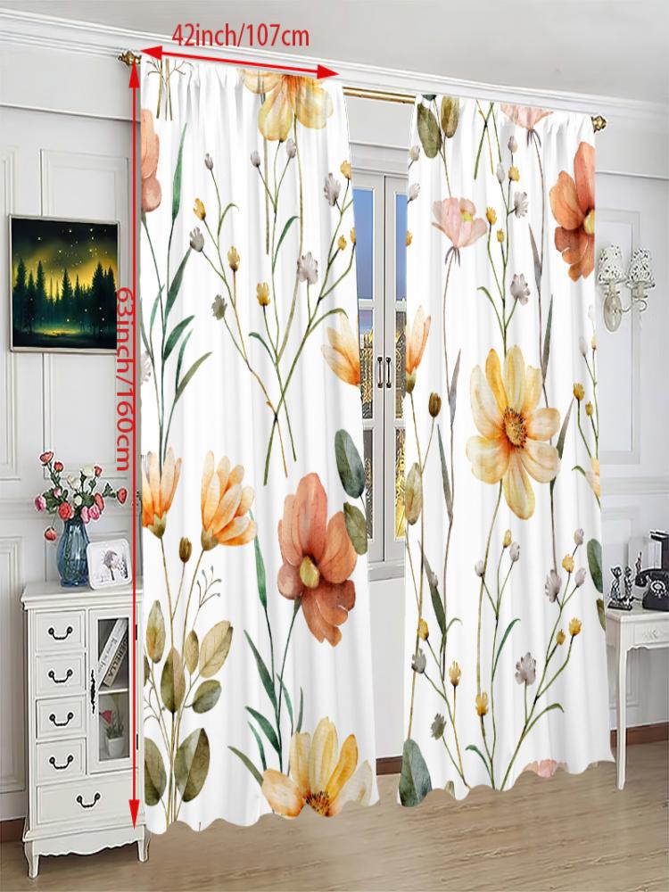 2PCS- Fresh plant flowers - Printed curtain - Polyester material - suitable for bedroom, living room, study, private space