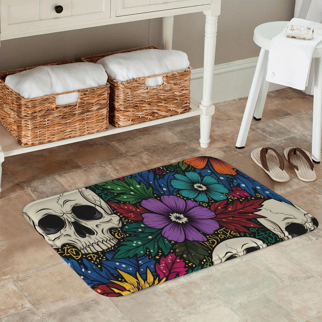 1PC Halloween Skull Flower Kitchen Rug Non-Slip Door Mat Pop Design Bathroom Rug Bath Mat Carpet for Home Sink Laundry Decor