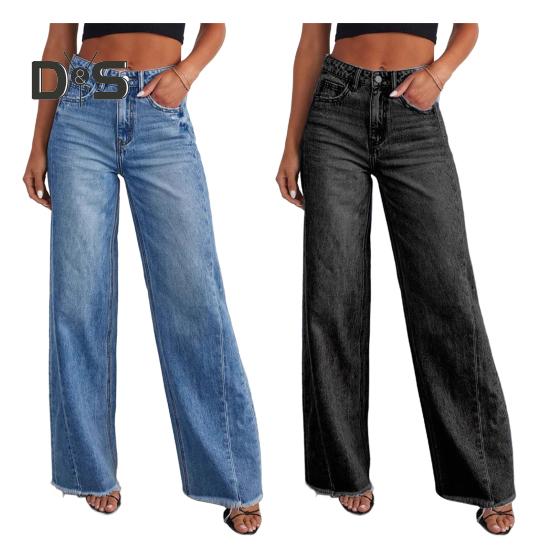 Damenjeans mit mehreren Taschen, Knopf, Reißverschluss, Jeanshose, seitliche Spleißnähte, Gratbesatz, einfarbige Jeans