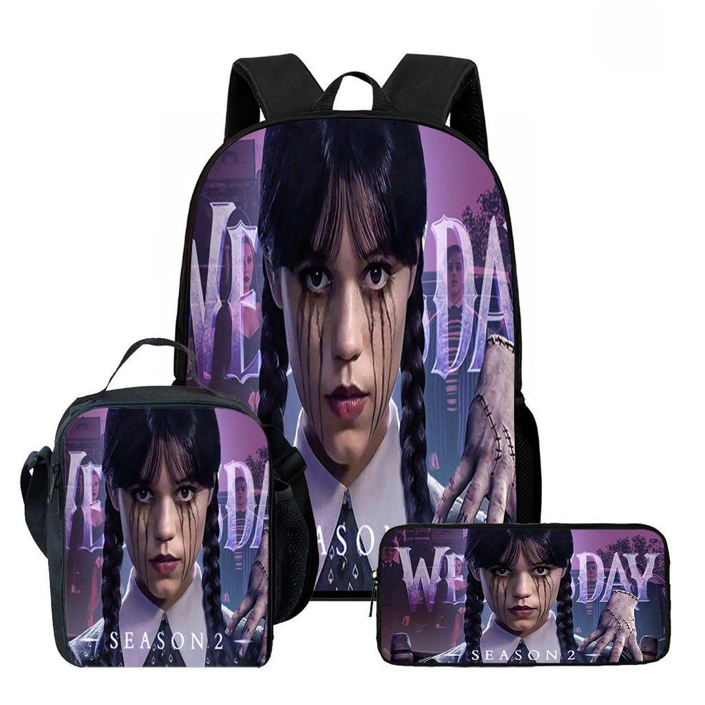 Wednesday Backpack Lunch Bag Pen Case Set With Geometric Pattern For Daily Use