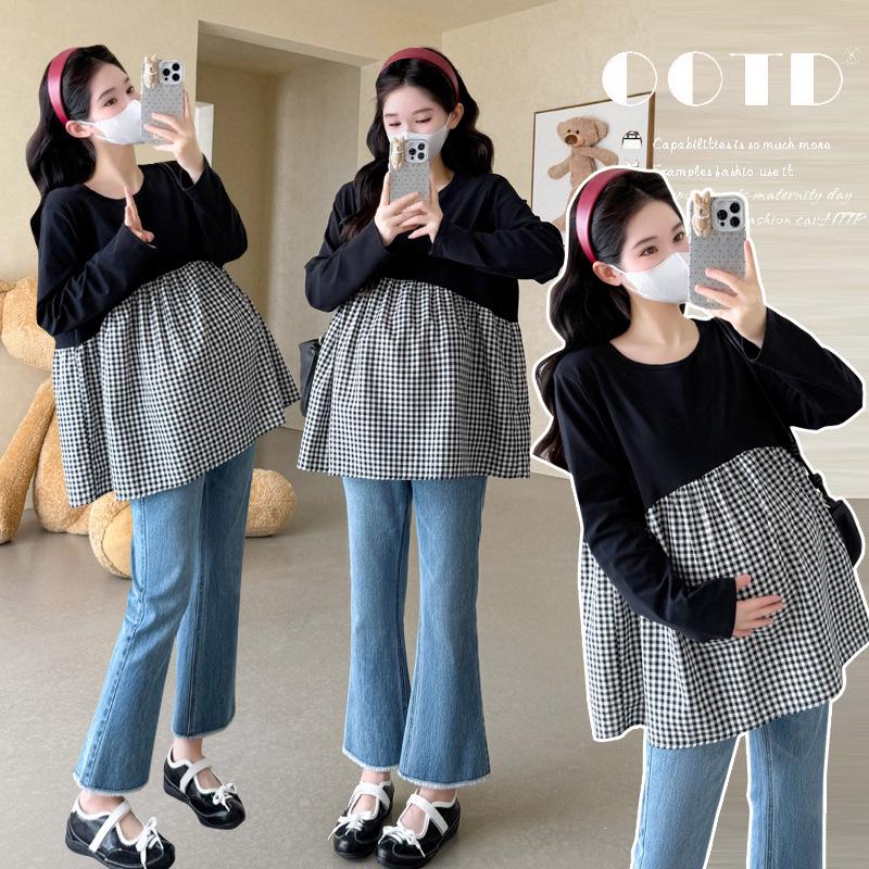 Spring 2026 Maternity Plaid Patchwork Round Neck T-Shirt L