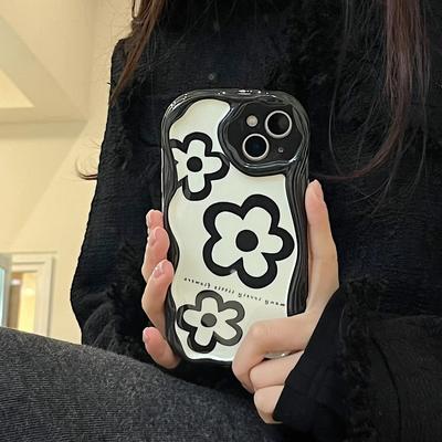 Black Flower Relif 3d Cartoon Shell For Iphone 14 13 12 Promax 11 Pro Max Shockproof Lovely Cute Cartoon Protector Phone Case