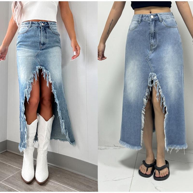 Denim Skirts Women Mid Length Skirt Slim Bodycon High Waist Button Pocket Streetwear Y2k Elegant Splice Blue Irregularity 2025