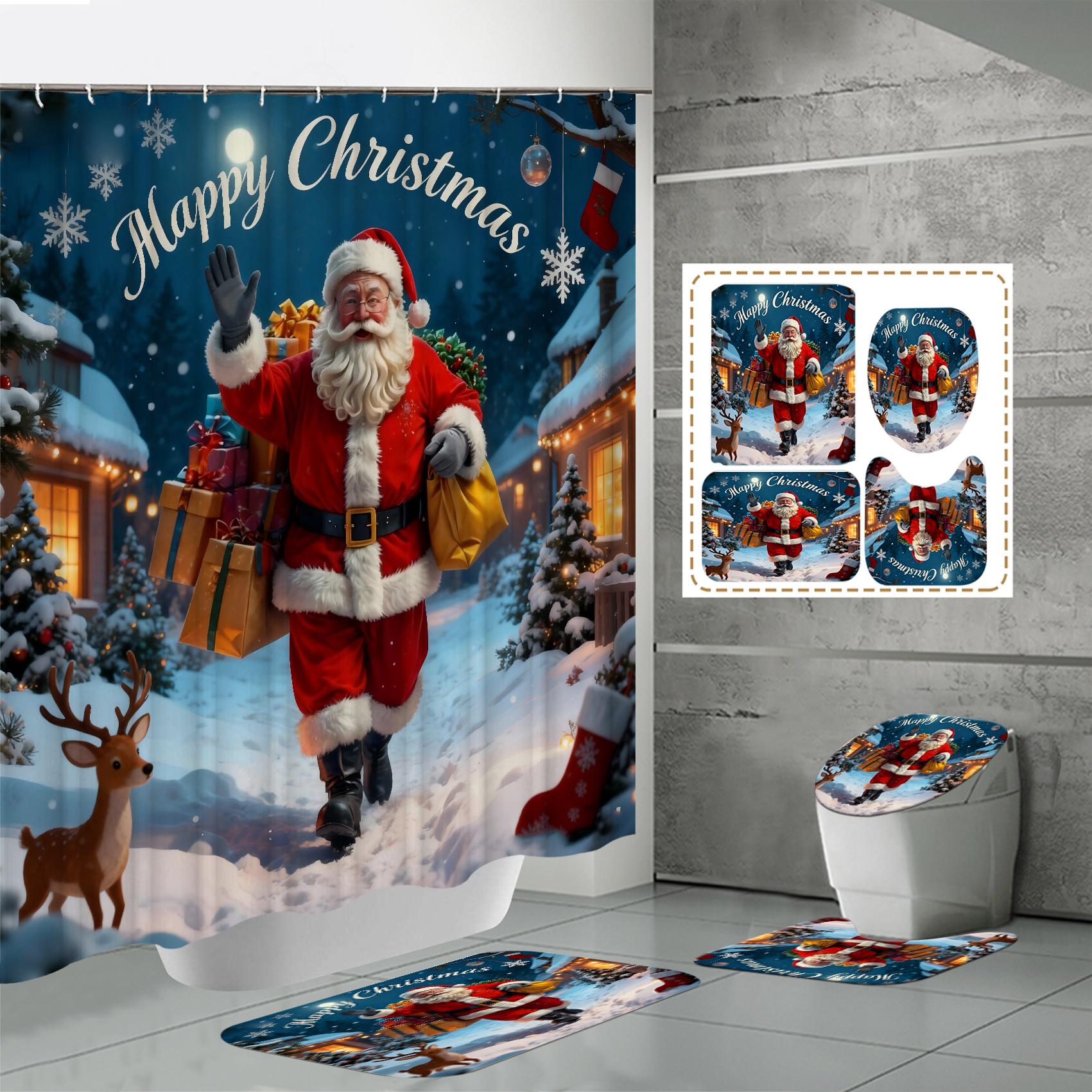 

4 ШТ. Наборы штор для душа со шторкой для душа и ковриками, коврик для крышки унитаза, U-образный коврик и коврик для ванной, набор для ванной комнаты с 12 крючками One Size