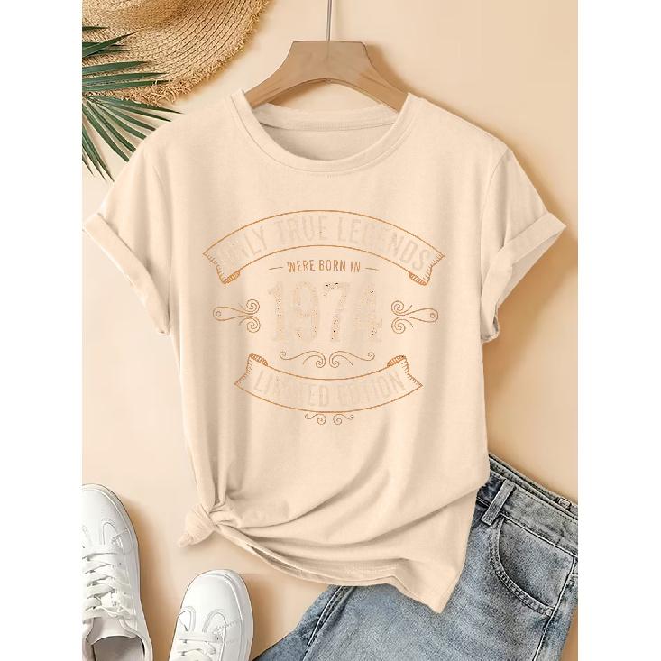 2026New SpringSummer Women's Round Neck 1974 Vintage Legendary Birthday Print Short Sleeve T Shirt Vintage Distressed Casual Top Soft Knit