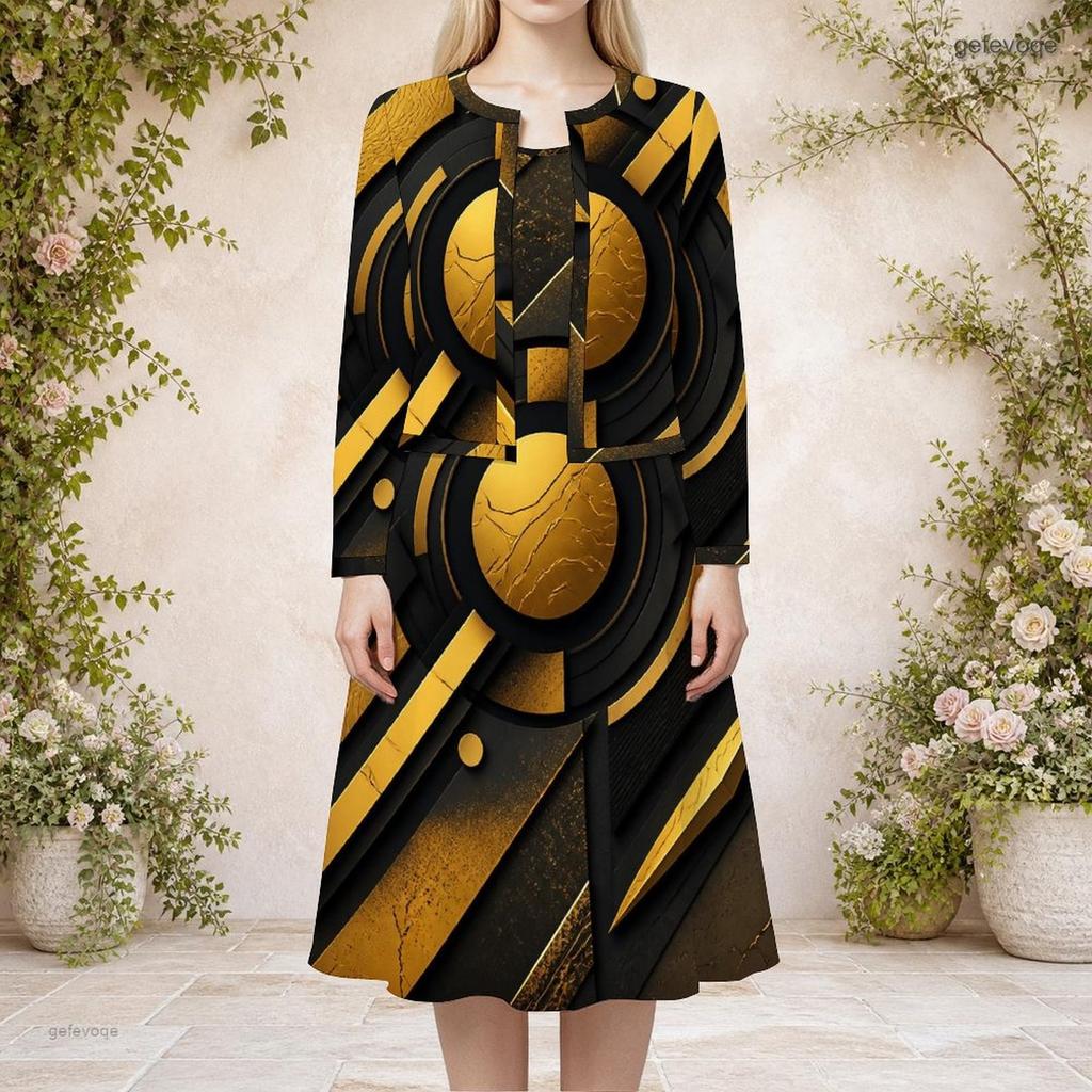 Women Plus Size Two Piece Dress Set Round Neck Long Sleeve Printed Dark Green Black With Pockets