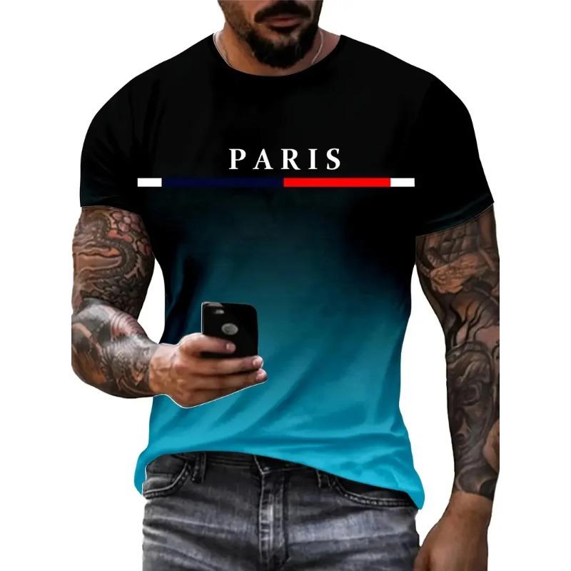 Summer Gradient Paris Letter 3D Printed T-shirt for Outdoor Sports Quick Drying Short Sleeved Men's T-shirts