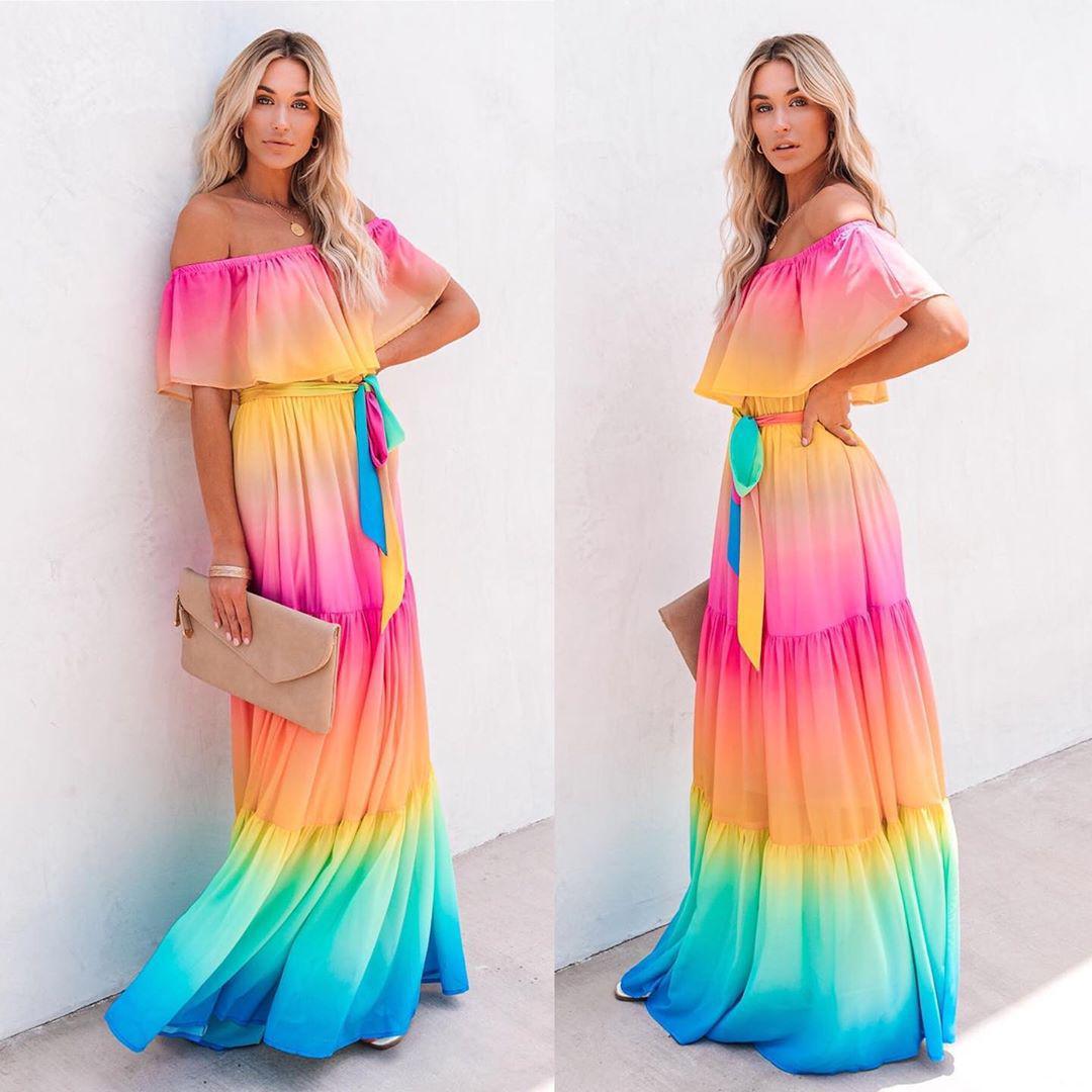 

Off-the-Shoulder Cross-Border Evening Dress with Print Design M
