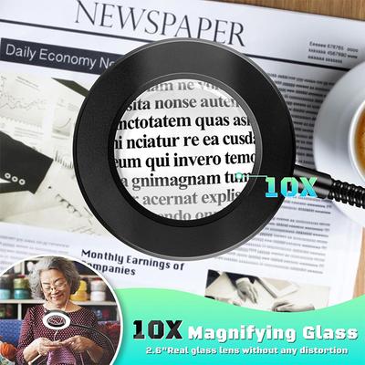 10X Vergrößerungsglas mit Licht, 3 Farben + 10 Helligkeitsstufen Leselampe, Vergrößerer mit Lichtern, Beleuchtet für Clip-on-Lampen