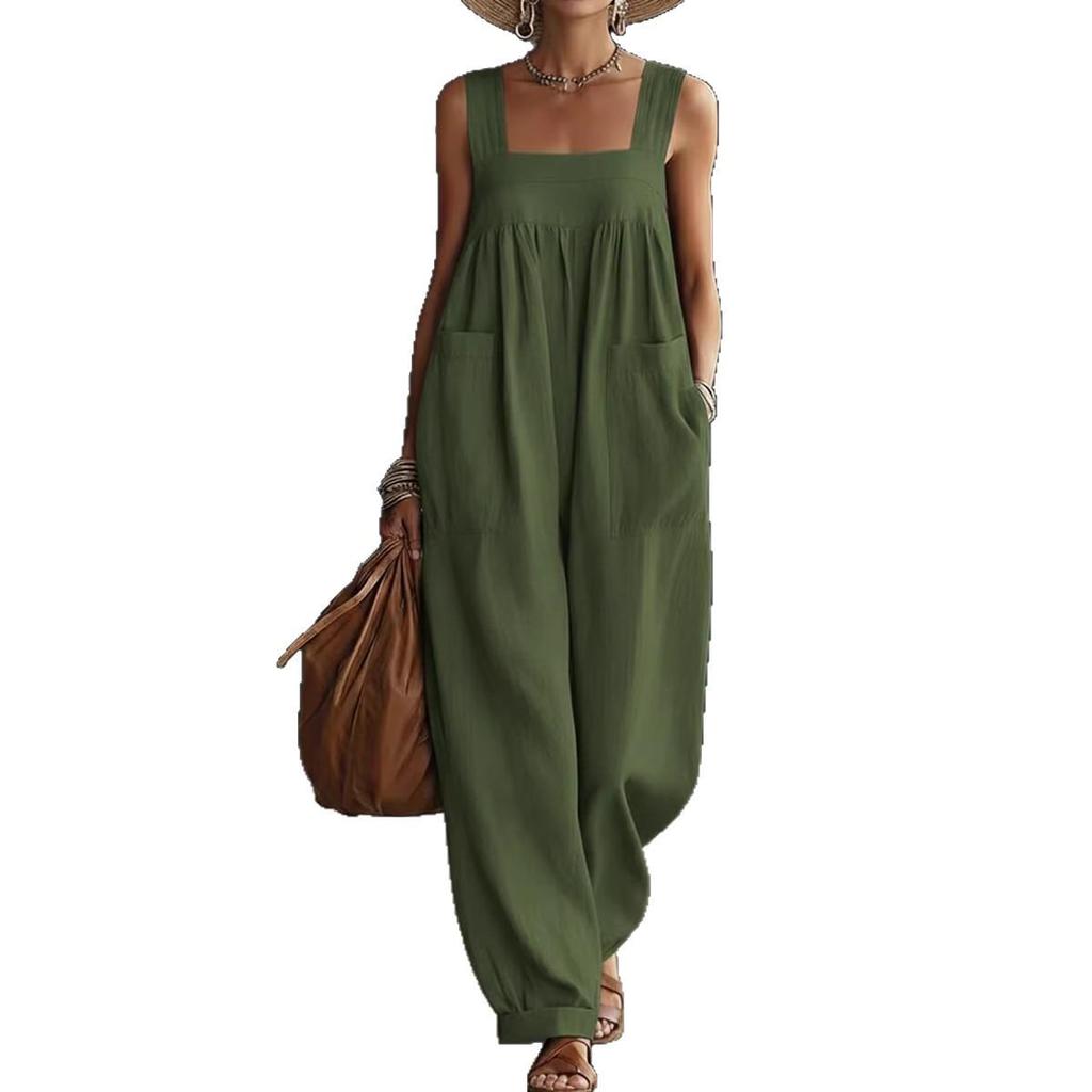 2026 European Spring/Summer Casual Women's Jumpsuit with Pockets - Comfortable, Loose, Solid Color & Strappy Design