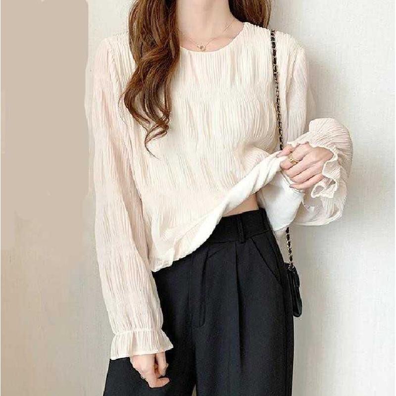 2026 Spring and Autumn New Pleated Chiffon Blouse, Loose and Versatile, Long Sleeve Women's Casual Round Neck Top