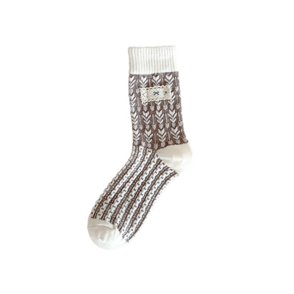 Female Autumn and Winter Thickened Warm Everything with Delicate Cloth Label Bowknot Floor Tube Stack Socks