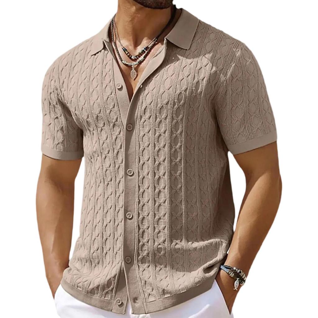 Men's Summer Casual Knit Jacquard Short Sleeve Cardigan Business Polo Shirt Button Front Lightweight Breathable Fabric