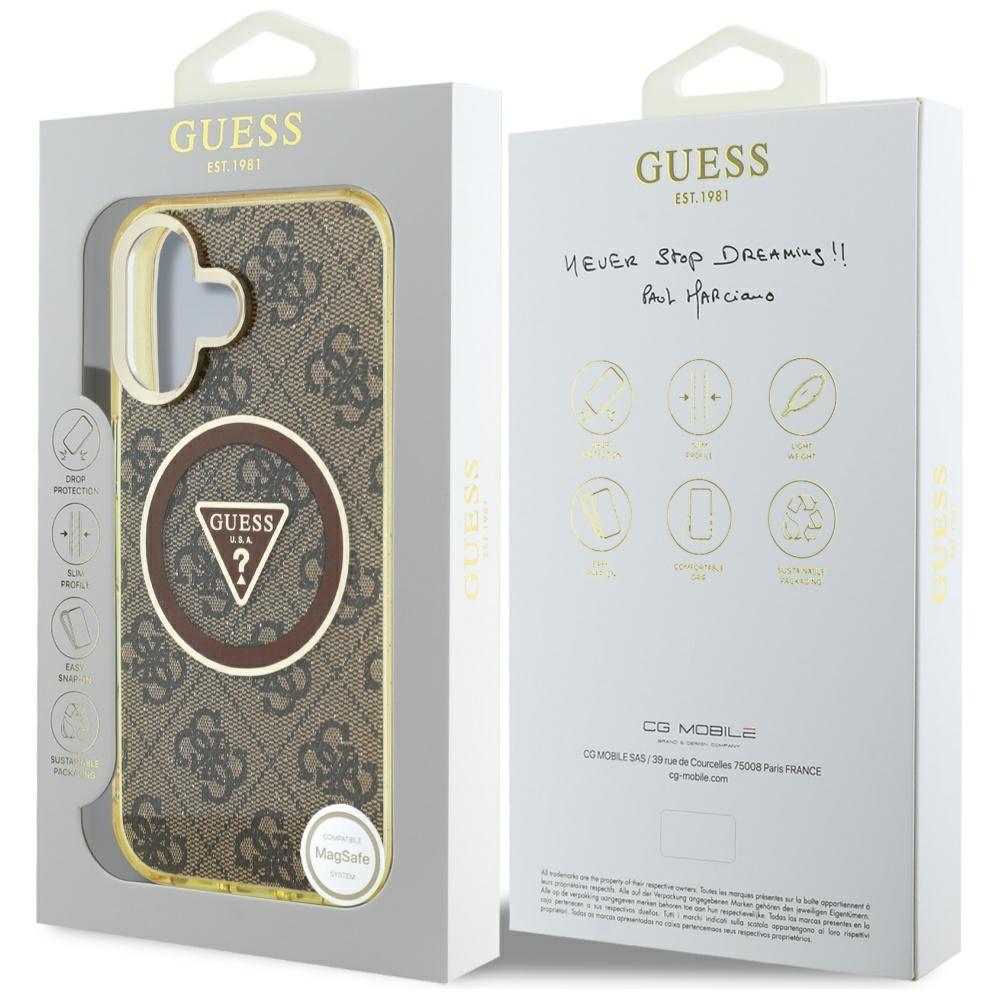 Guess IML Metal Glitter 4G Circle Triangle MagSafe case for iPhone 16 brown