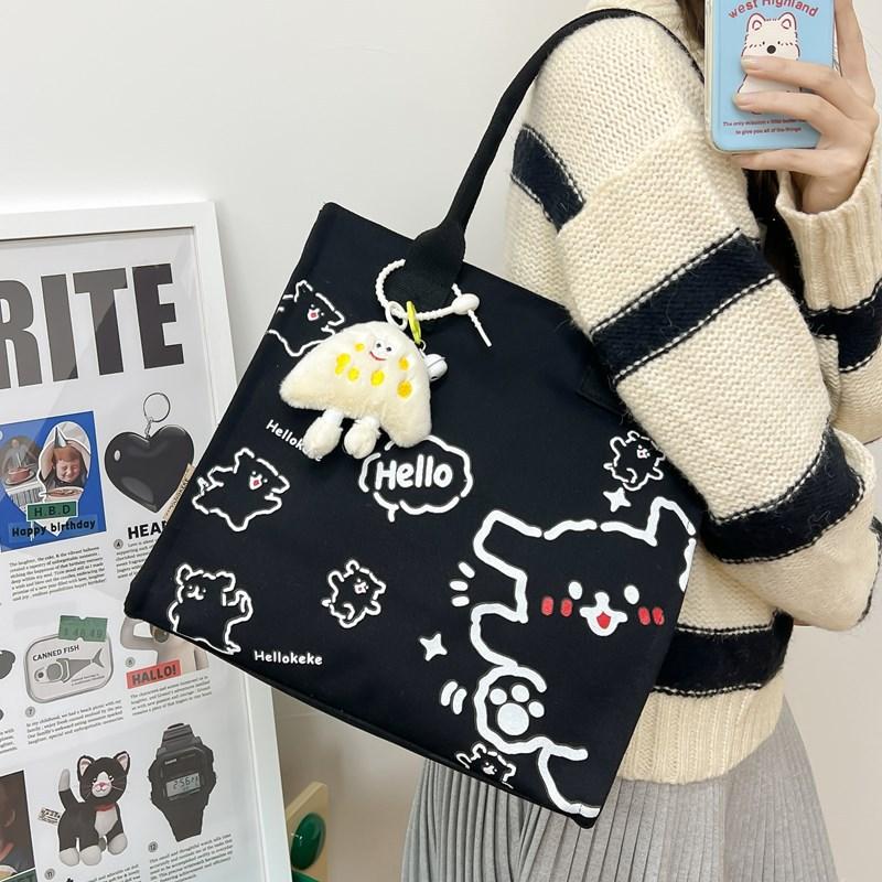 Einseitige Canvas-Tasche, Damen-Nachhilfetasche, strukturierte großvolumige süße Cartoon-Tragetasche für Mittel- und Oberstufe