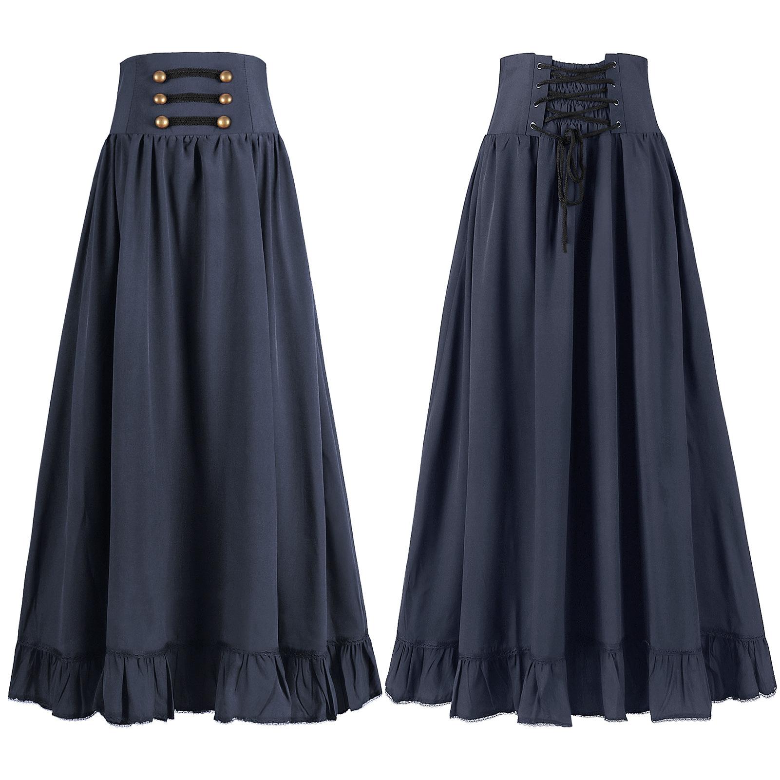 

Vintage Renaissance Pleated Maxi Corset Button Skirt Women A Line Costume Victoria High Waist Gown Big Swing Floor Ruffle Skirt XS