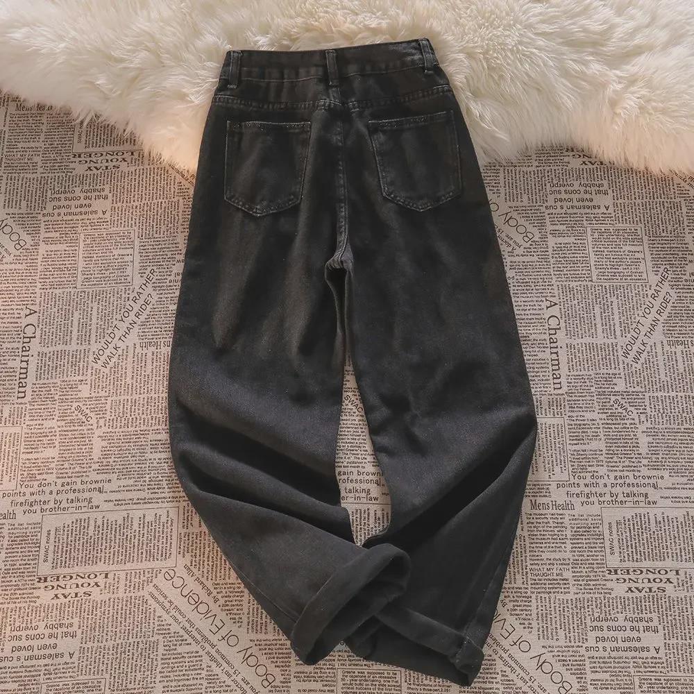 Damen High-Waist Schwarze Love Schleife Bestickte Jeans - Neuer Frühling/Herbst Stil mit Geradem, Lockerem Weitem Bein