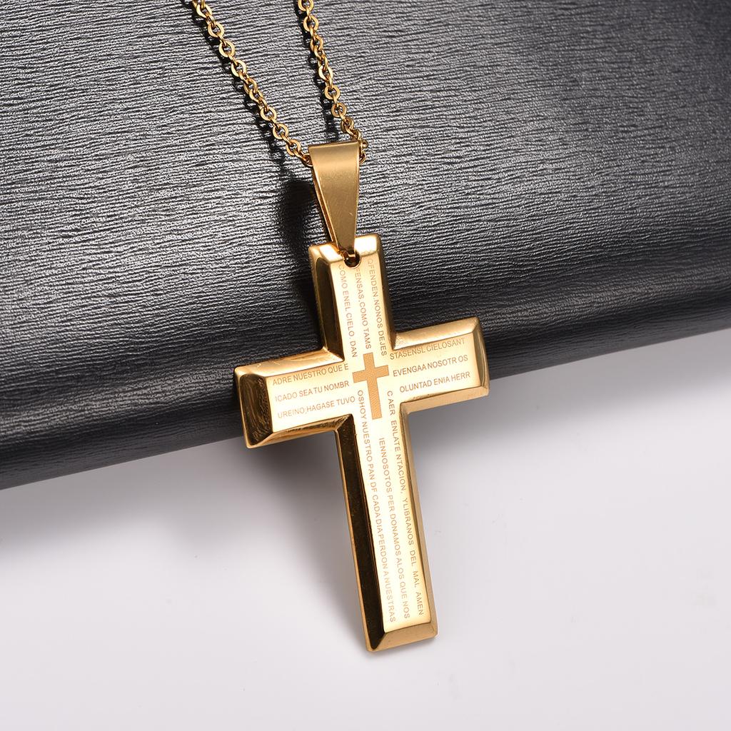 Stainless Steel Chunky Punk Printing Cross Pendant Necklace for Women Men Religious Prayer Faith Charms Chain Metal Jewelry Gift