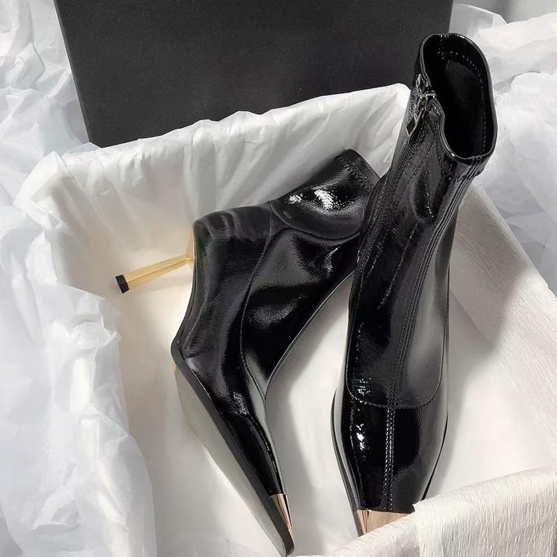 Fashion Star style Fashion Patent Leather Metal Square toe Women Ankle Boots Autumn Winter Stiletto High heels Chelsea Short Boots Shoes