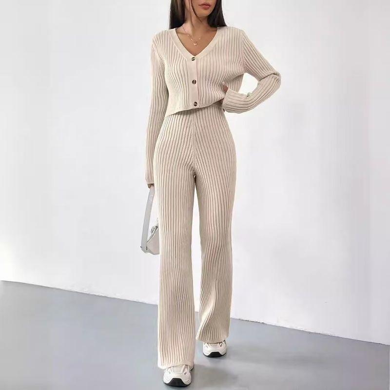 

Western Style New Sunken Stripe V-neck Top Casual Straight Pants Set V-Neck Top and Pants Set Apricot color S
