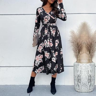 Autumn Winter Long Sleeve Print Elegant V-neck Chiffon A-Line Mid-Length High Waist Women Dress