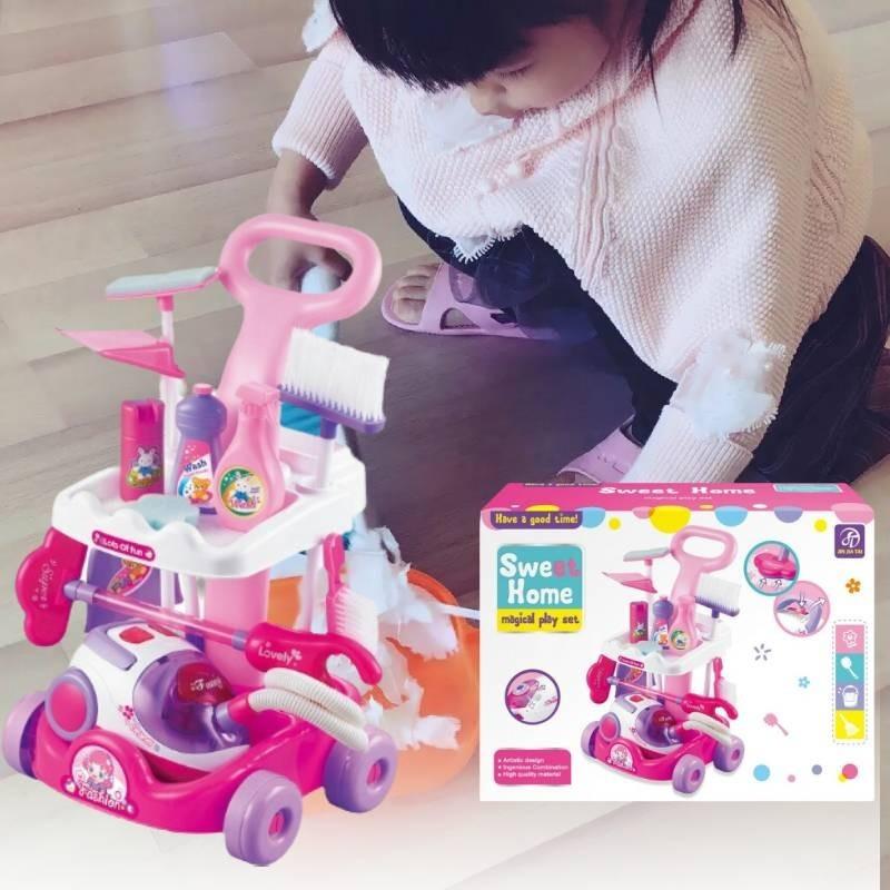 Interactive Kids Play Vacuum Set Plastic Cleaning Tool Cart With Ice Cream Cash Register